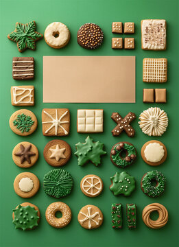 Flat Lay of Homemade Christmas Gingerbread Cookies on Green Background with Blank Space for Text