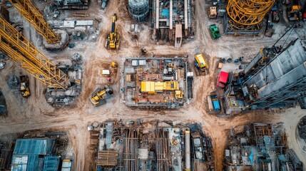 Obraz premium Aerial View Construction Site Heavy Machinery Cranes Industrial Development
