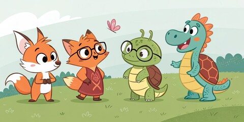 Fototapeta premium Adventurous Companions A lineup of quirky animal companions including a plucky pixelated fox a wise turtle with glasses and a playful dragon displayed on a grassy field background.