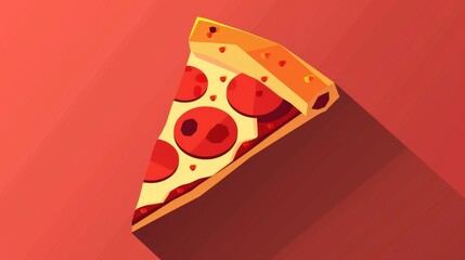 A slice of pepperoni pizza on a red background. The pizza slice is cut in half and is placed on a table