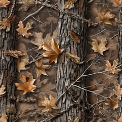 textured background imitating tree bark with scattered dry leaves, branches and pine needles. 