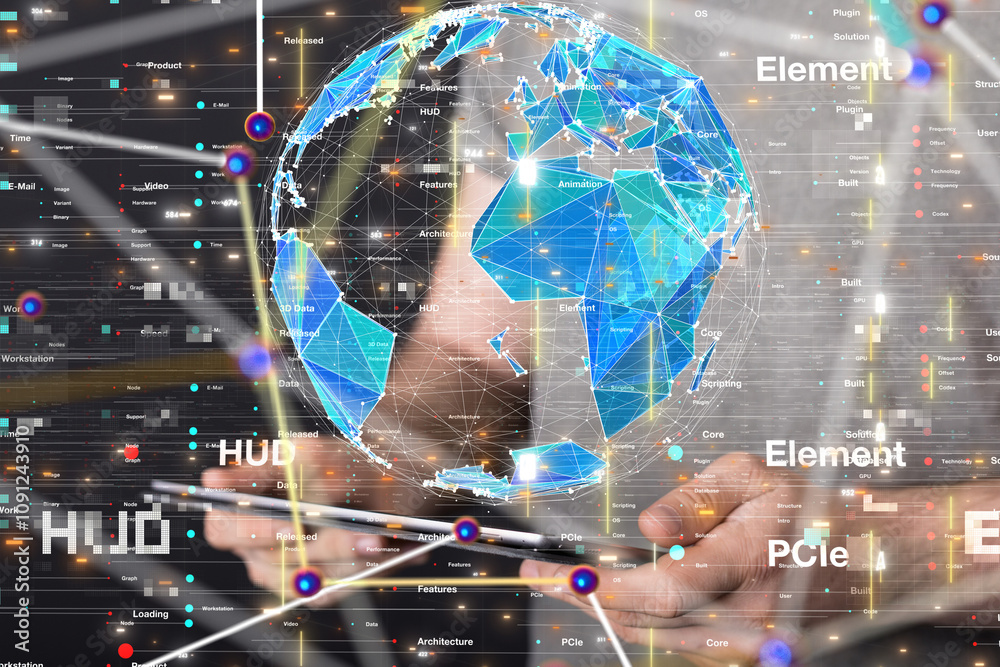 Poster Global network. Blockchain. 3D illustration. Neural networks and artificial intelligence. Abstract