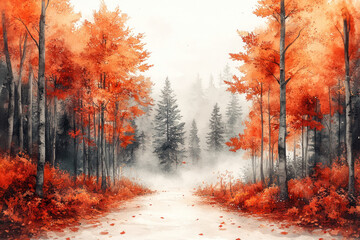 Fototapeta premium autumn forest scene with trees covered in bright orange foliage. 