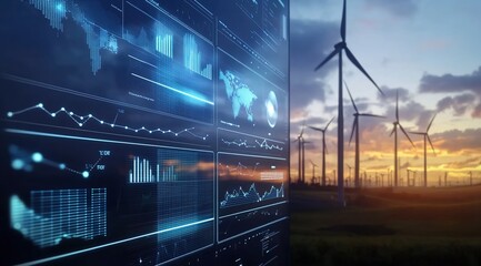 Obraz premium A digital display showing various energy storage and wind power data