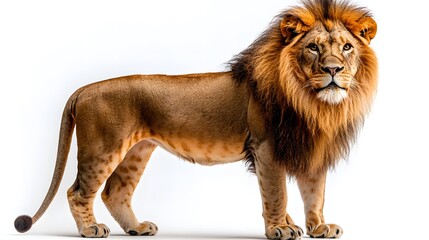 Obraz premium Majestic Male Lion Standing Proud with a Regal Mane Against a White Background
