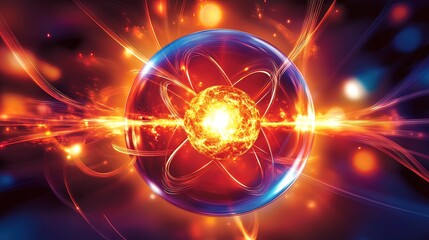 Fototapeta premium Glowing atom model with energy trails.