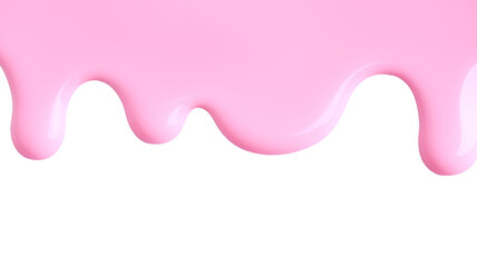 Pink liquid drops of paint color flow down on white canvas. Abstract art. Light pink paint dripping on the white wall with copy space..