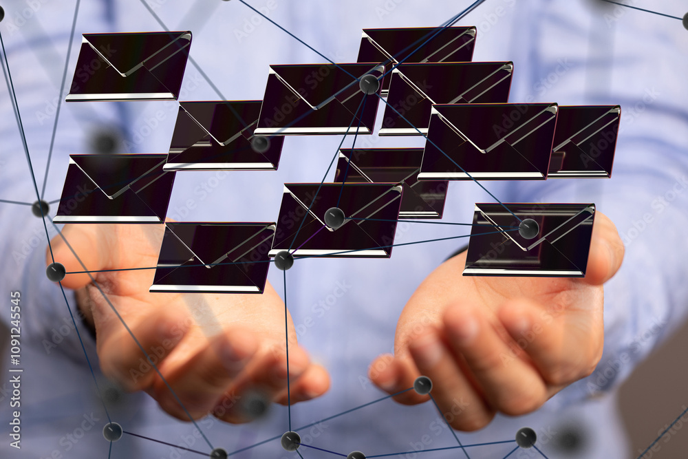 Poster hand holding using mobile phone with email icon on screen. concept of business communication