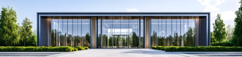 Fototapeta premium Modern glass-fronted building surrounded by greenery, emphasizing contemporary architecture.
