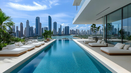 Fototapeta premium Luxury Penthouse Pool Overlooks City Skyline: A Stunning Architectural Design Featuring a Modern Infinity Pool and Tranquil Lounging Area with Panoramic Views.