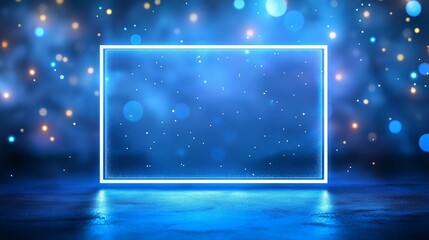 Glowing Blue Frame with Bokeh Lights in an Ethereal Background Perfect for Modern Design Projects, Advertising Campaigns, and Creative Presentations