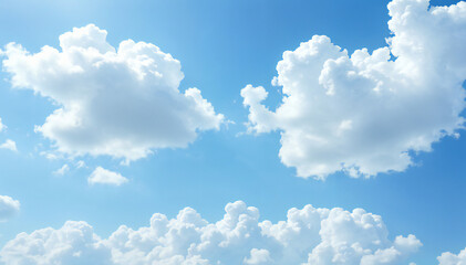 Naklejka premium Soft, puffy clouds drift lazily across a brilliant blue sky, capturing the essence of a serene and sunny day. The sky is a canvas for their ethereal beauty, inviting contemplation and peace.