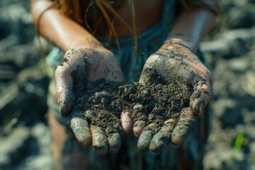 Young woman farmer examines fertile black soil in countryside on a sunny afternoon