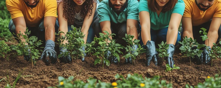 A diverse group of people from different ethnicities working together to plant a tree, symbolizing environmental stewardship and the strength of multicultural cooperation