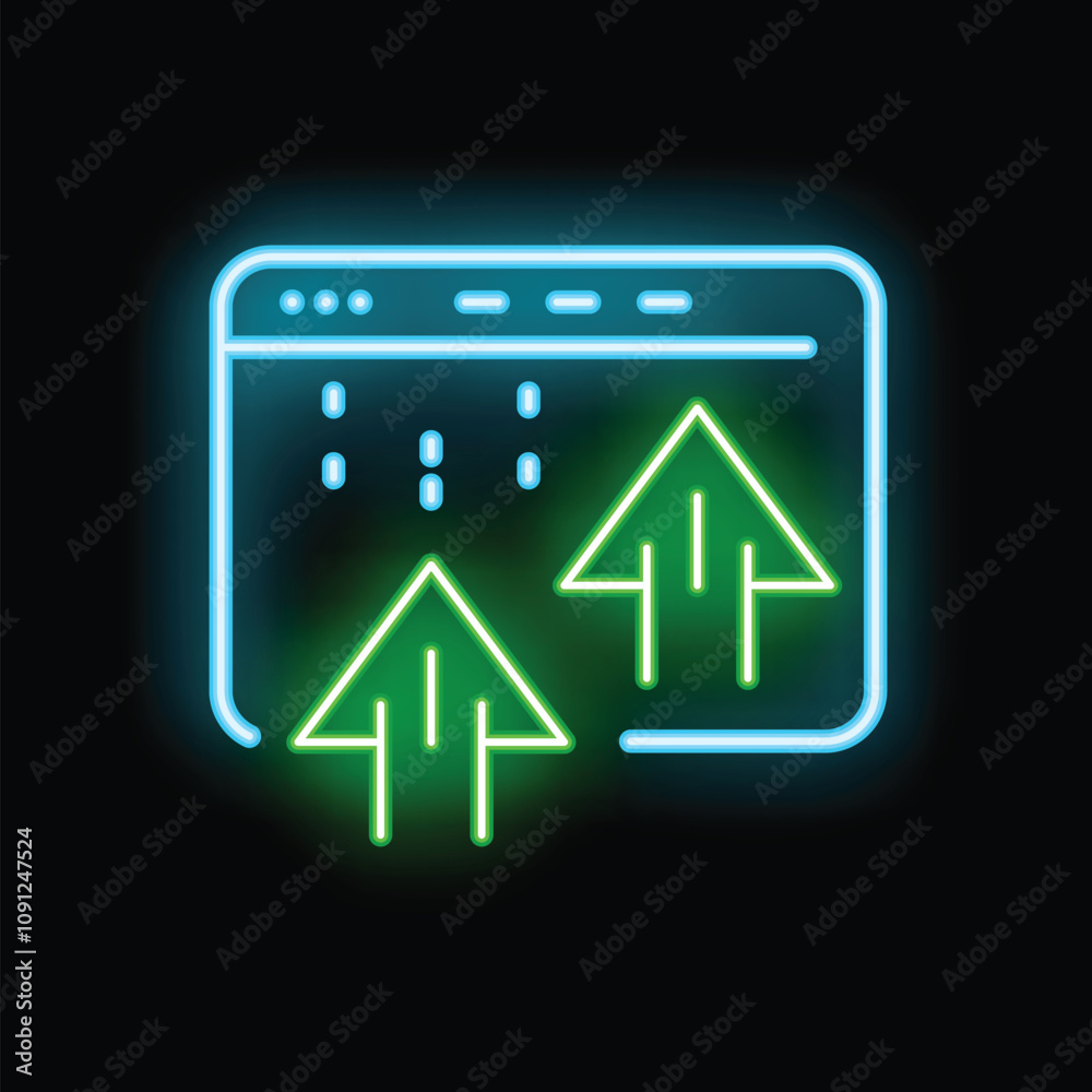 Poster glowing neon icon of data uploading to a computer screen, perfect for technology and digital content