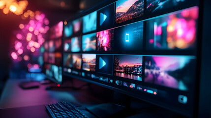 Fototapeta premium Vibrant Video Editing Workstation Displays Colorful Footage, Neon Backlighting, Modern Technology