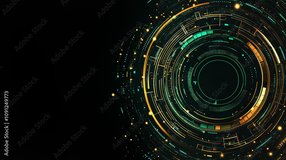 Poster digital emerald green and golden tech circle on dark background with copy space. science, futuristic