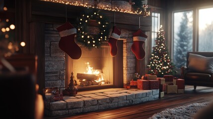 Fototapeta premium Cozy Christmas Scene with a Warm Fireplace, Stockings Hanging and Beautiful Decorations Creating a Festive Atmosphere in a Comfortable Living Room
