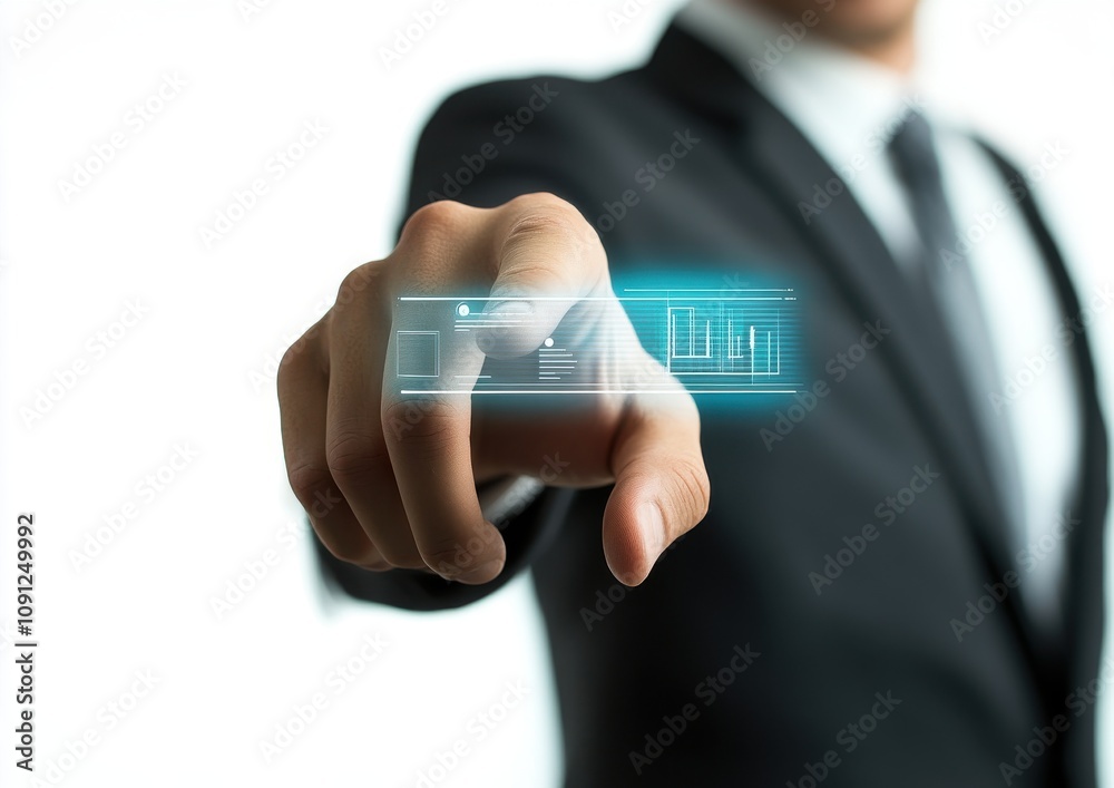 Poster business professional interacting with futuristic data display, highlighting technology integration 