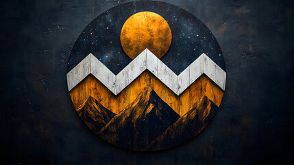 Elegant Circular Wooden Wall Art Featuring Chevron Shapes Inspired by Snow-Capped Mountains and a Starry Background