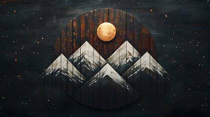 Elegant Circular Wooden Wall Art Featuring Chevron Shapes Inspired by Snow-Capped Mountains and a Starry Background