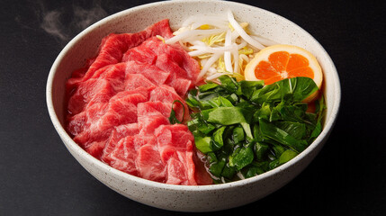 Delectable Beef Pho: A steaming bowl of gourmet beef pho, showcasing tender beef slices, vibrant bean sprouts, fresh greens, and a zesty lemon wedge, creating a visually stunning culinary masterpiece.