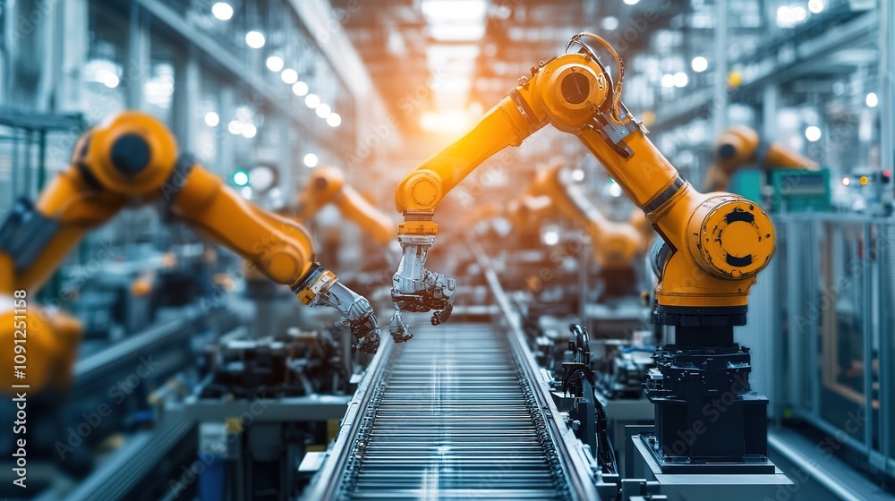 Poster robots and smart machinery working together in an automated factory environment.