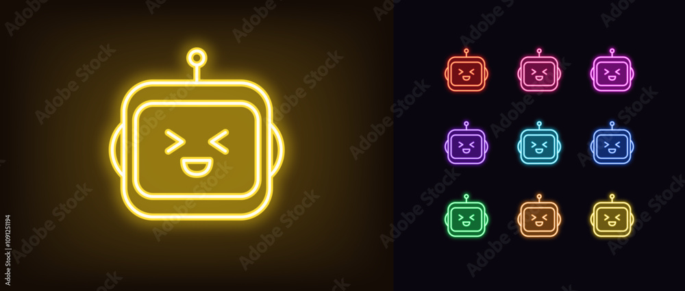 Poster outline neon laughing robot icon set. glowing neon chat bot with laugh face. friendly virtual assist
