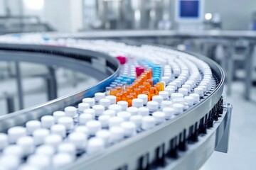 Fototapeta premium Automated pill bottling conveyor belt.