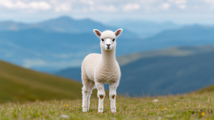 Fototapeta premium Alpaca Baby in Majestic Mountain Meadow 