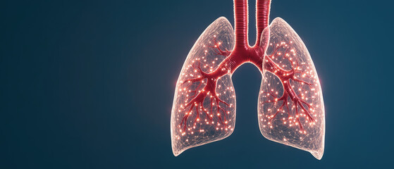 Fototapeta premium Glowing Lungs with Digital Nodes, Abstract Representation of Cardiology on Deep Blue Backdrop, Symbolizing Connectivity and Vitality