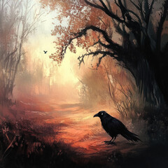 Fototapeta premium a mystical forest scene with fog creating a mysterious atmosphere. The focus is on a black raven standing on the ground illuminated by soft light. 
