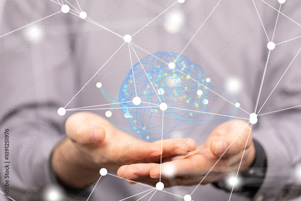 Fototapete Global network. Blockchain. 3D illustration. Neural networks and artificial intelligence. Abstract