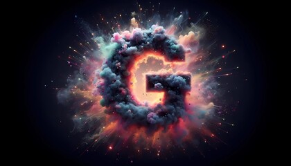 Fototapeta premium Explosive letter G, multicolor dust explosion, black background fog, multicolor light, created with A.I. generative.