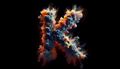 Explosive letter K, multicolor dust explosion, black background fog, multicolor light, created with A.I. generative.