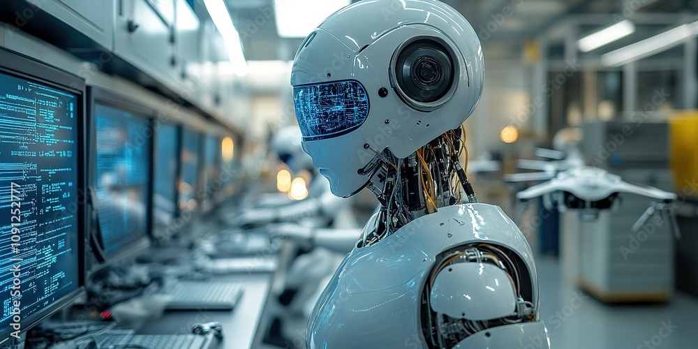 Poster advanced humanoid robot in a high-tech laboratory analyzing data and interacting with drones
