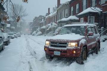 Red suv covered in thick snow during a winter storm in the backyard landscape scene