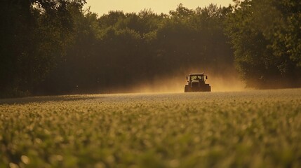 Fototapeta premium Tractor Spraying Soybean Field in Warm Summer Season with Blurred Motion Background