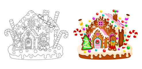Christmas gingerbread house flat vector illustration. Christmas house with cookies and candies coloring page for kids