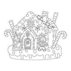 Christmas gingerbread house flat vector illustration. Christmas house with cookies and candies coloring page for kids