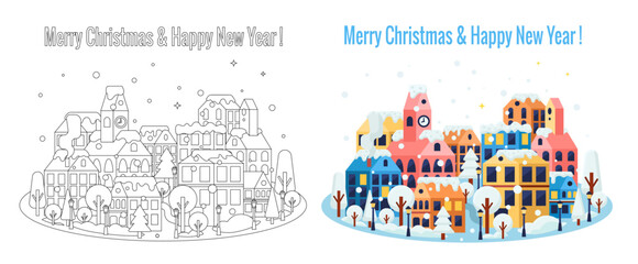 Winter european houses vector background. Christmas illustration.