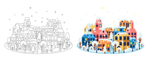 Winter european houses vector background. Christmas and Happy new year illustration. Coloring page