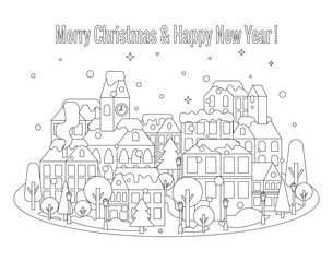 Obraz premium Winter european houses vector background. Christmas illustration. Coloring page