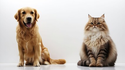 Fototapeta premium Portrait of two animals, a red Labrador dog and a fluffy Persian cat