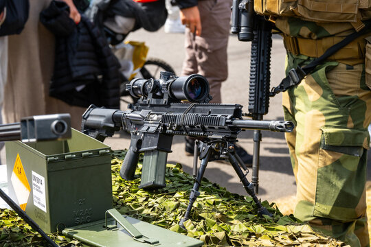 Sola, Norway - June 16 2024: HK416 assault rifle on display.