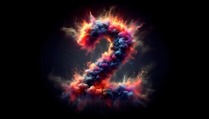 burning number 2, Explosive, multicolor dust explosion, black background fog, multicolor light, created with A.I. generative.