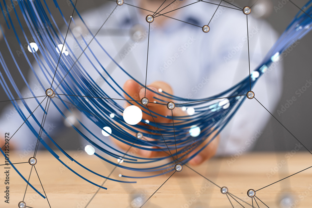 Poster Global network. Blockchain. 3D illustration. Neural networks and artificial intelligence. Abstract