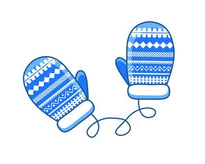 Winter mittens in children's style. Lace gloves on a white background. Winter mittens for postcard design.