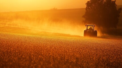 Fototapeta premium Tractor Spraying Soybean Field at Sunset in Summer Defocused Agricultural Landscape Scene
