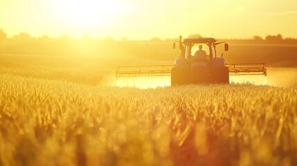 Fototapeta premium Tractor Spraying Soybean Field in Warm Sunset Glow